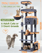 Taoqimiao 79 Inches XXL Cat Tree for Large Cats, for Oversized Cats, Multi-Level Cat Tower, 2 Spacious Cat Condo with 6 Scratching Posts, Hammcock & Cozy Basket, Cat Toys, Smoky Gray, S10G