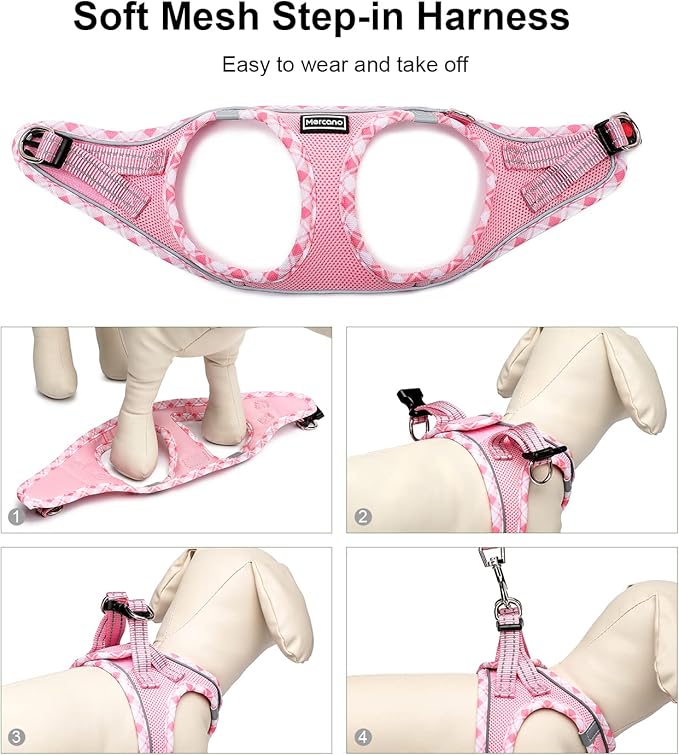 Mercano Soft Mesh Dog Harness and Leash Set, No-Chock Step-in Reflective Breathable Lightweight Easy Walk Vest Harnesses with Safety Buckle for Small Dogs, Cats (Pink, L)