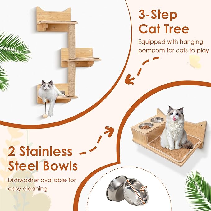 Tangkula Cat Wall Shelves, 6 Pieces Wooden Wall Mounted Kitten Furniture Set with Hammock, Food Water Bowl, 3-Step Cat Tree, Platforms, Scratching Posts & Hanging Toy, Cat Climber Steps (Natural)