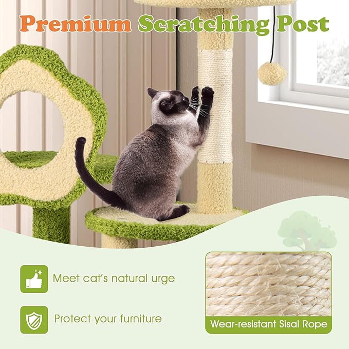 Tangkula Cute Cat Tree Green Forest, 40 Inch Multi-Level Aesthetic Cat Tower with Sisal Scratching Posts, Trunk Condo, Flower Perch, Plush Napping Bed, Pompom, Spring Toy, Platforms for Indoor Cats