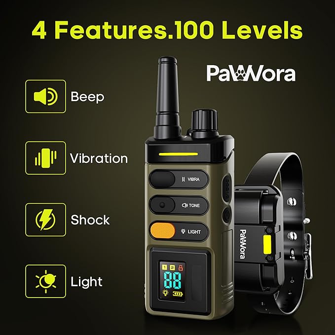 Dog Training Collar with Remote 4 Training Modes Beep, Vibration, Shock, Light 100 Levels, Fast 150ms Response, IPX7 Waterproof Long Range, LED Safety Light, Rechargeable for All Dog Sizes