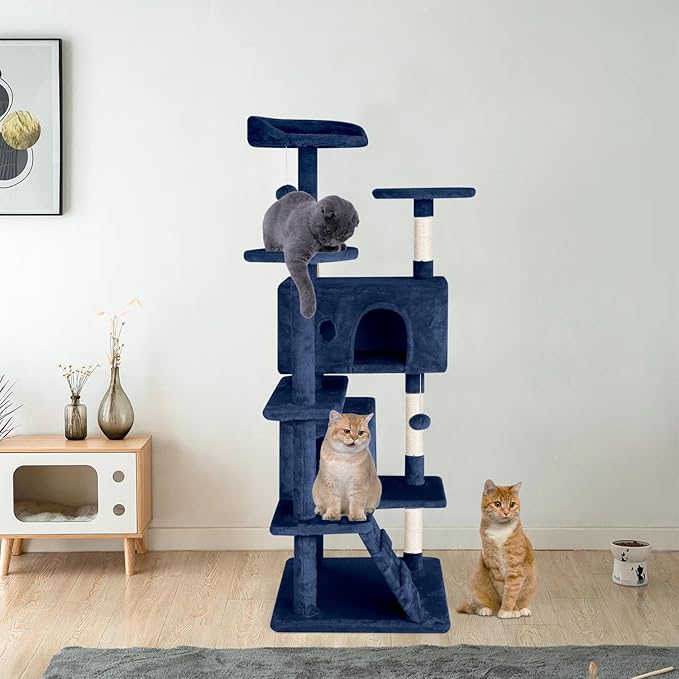 Cat Tree 53 inches Cat Tower for Indoor Cats Cat House with Replaceable and Removable Dangling Ball Cat Trees and Towers with Funny Toys, Navy Blue
