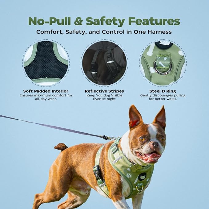 Haminway No-Pull Dog Harness for Medium Dogs – Reflective, Breathable Vest with Adjustable Chest & Neck Straps – Easy to Wear, Anti-Choke Harness for Safer Walks (Green, Size Medium)