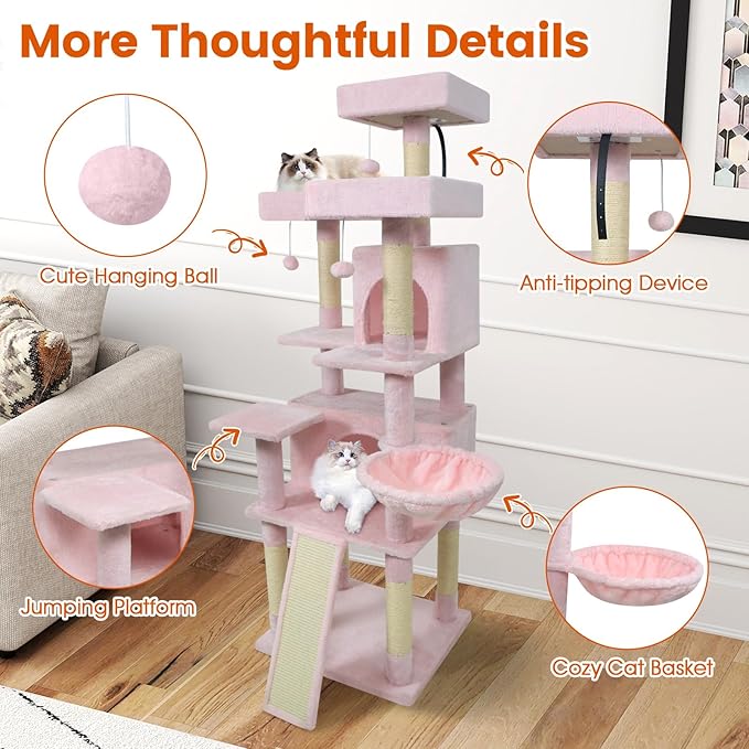PETSITE Multi-Level Cat Tree, 65 Inches Tall with Sisal Scratching Posts, Condos, Rotatable Cat Basket, Dangling Balls, and Sisal Ladder, Ideal for Indoor Cats to Play and Rest (Pink)