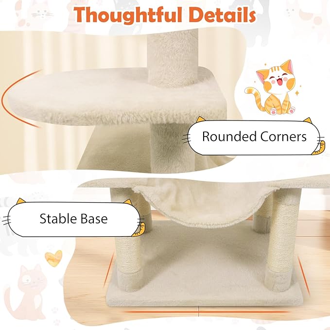 Tangkula 58 Inch Cat Tree Tower, Multi-Level Cat Tower with Sisal Scratching Posts, Padded Top Perch, Condo & Hammock, 3 Hanging Balls, Jumping Platforms for Indoor Cats (Beige)