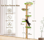 Floor to Ceiling Cat Tree for Kittens, Wall Mounted Cat Wall Furniture with Green Plush Pads, 5 Platform Wild Simulation Climbing Tower, Adjustable Height