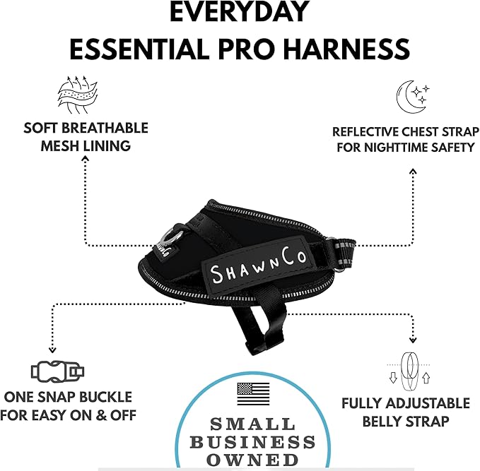 ShawnCo Essential Pro Dog Harness, No-Pull Pet Vest with 3 Leash Clips and Removable, Reflective Side Patches, Adjustable and Padded Harness for Small, Medium and Large Dogs (Midnight, XS)