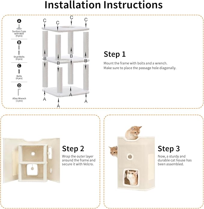 Cat House, Cat Beds for Indoor Cats, 2-Story Cat Condo Cube with Scratch Pad and Fluffy Ball Hanging, Multi-Level Cozy Hideout Center Ideal for Small/Medium Cats