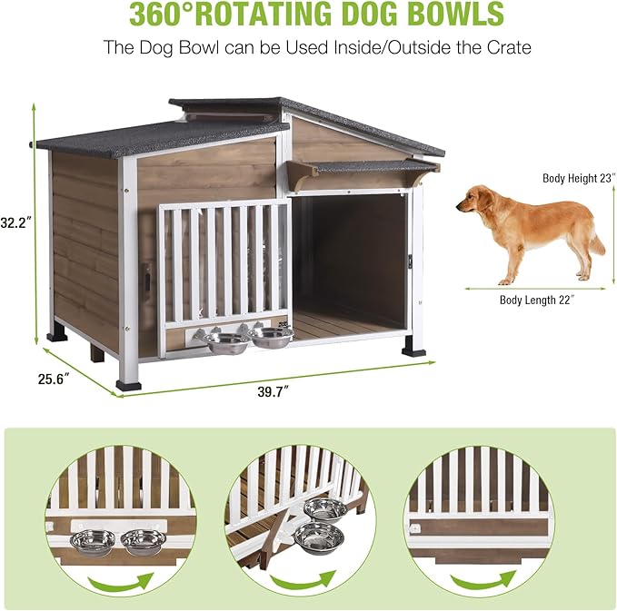 GUTINNEEN Dog House Outdoor or Indoor with Anti-Chewing Metal Frame, Dog Kennel with Bowls, Weatherproof Dog Shelter with Removable Floor, PVC Door Curtain for Small Medium Dogs (Light Brown)