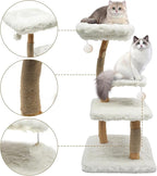 44.1-Inch Wooden Cat Tree, Cat Tree for Large Cats Tree for Indoor Cats Climbing Frame for Cat with Scratching Post, Wide Base, Dangling Ball, White