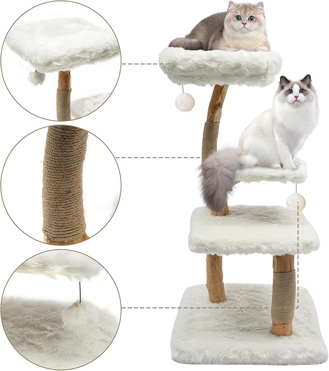 44.1-Inch Wooden Cat Tree, Cat Tree for Large Cats Tree for Indoor Cats Climbing Frame for Cat with Scratching Post, Wide Base, Dangling Ball, White