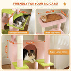 PEQULTI 66" Cat Tree for Indoor Cats, Tall Cat Tower for Large Cats with Scratching Post, Super Large Metal Hammock[20''X12''] and 2 Big Condos, Pink