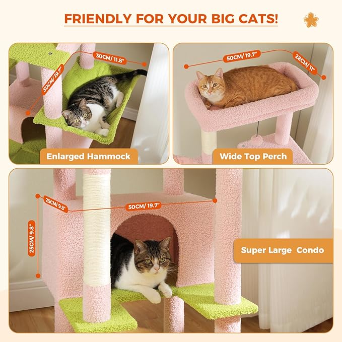 PEQULTI 66" Cat Tree for Indoor Cats, Tall Cat Tower for Large Cats with Scratching Post, Super Large Metal Hammock[20''X12''] and 2 Big Condos, Pink