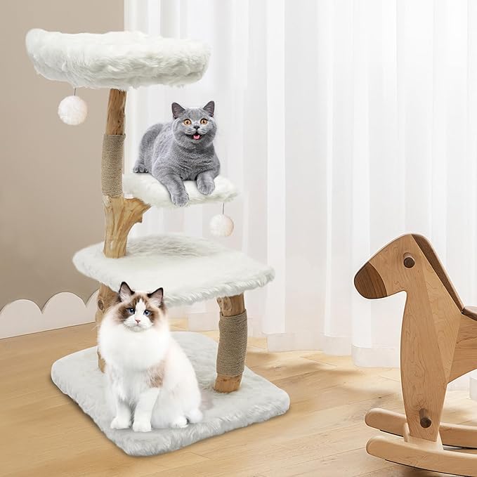 44.1-Inch Wooden Cat Tree, Cat Tree for Large Cats Tree for Indoor Cats Climbing Frame for Cat with Scratching Post, Wide Base, Dangling Ball, White