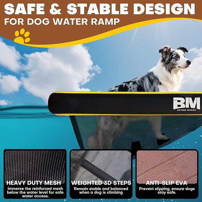 Beyond Marina Dog Pool Ramp - Inflatable Dog Water & Boat Ramp for Lake, Floating Pontoon Dock Ladder with Non-Slip EVA, PUP ON Full EVA, Extra Large 59" x 47" x 6", Teak/Yellow, Supports 230 lbs