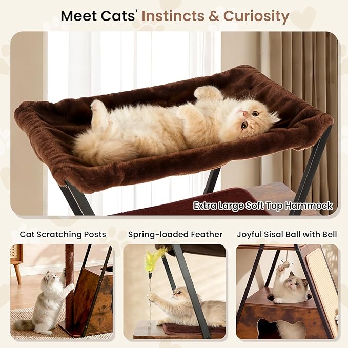 71" Modern Wood Cat Tree for Large Cats - Heavy Duty Tall Cat Tower for Indoor Cats, Multi-Level Cat Furniture with Spacious Condo, Large Perch, Scratching Posts & Hammock (Burnt Wood)