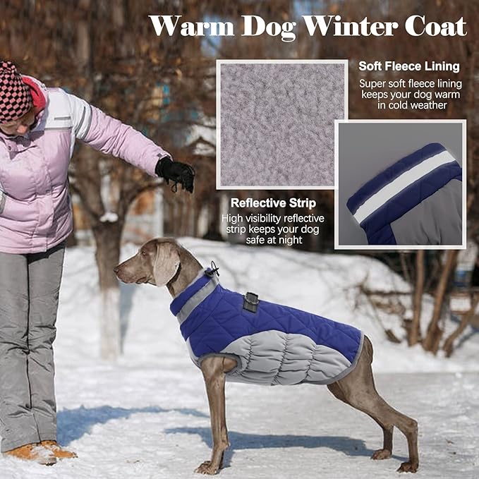 Lelepet Dog Coat Warm Dog Winter Coat Waterproof Dogs Jacket with Harness Built in Reflective Pet Fleece Vest Zip-Up Cold Weather Coats for Large Dogs Turtleneck & Windproof Coats Pitbull Blue 2XL
