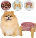 Elevated Slow Feeder Dog Bowl - Ceramic Maze Food Dish with Bamboo Stand - Raised Feeding Bowl for Fast Eaters - Ideal for Small and Medium Dogs - Pink - 6.7 inch