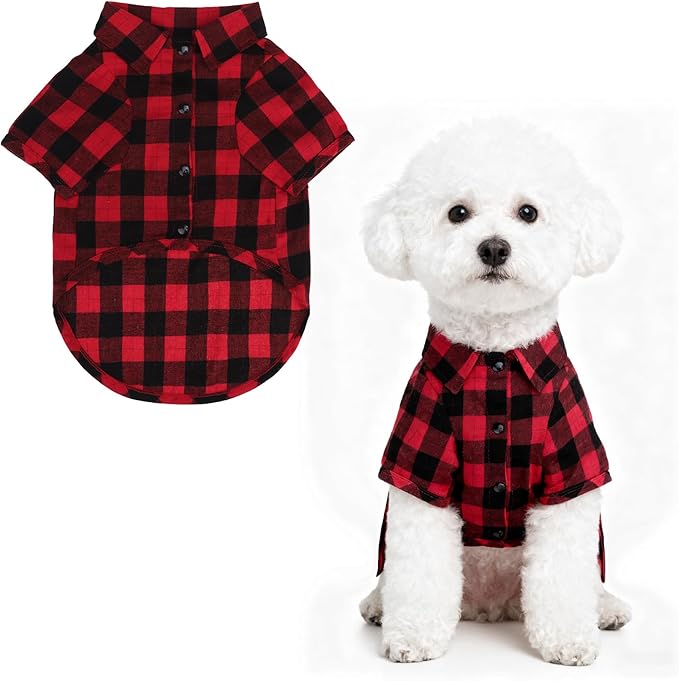 PUPTECK Plaid Dog Shirt, Cute Puppy Cat Polo T-Shirt, Soft Pet Clothes Boy for Small Medium Dogs, Square Red, S