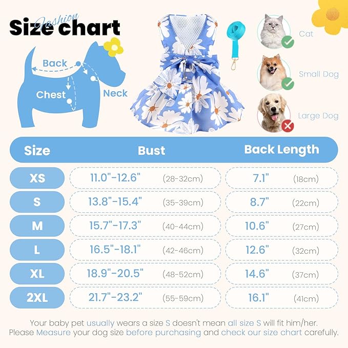 Cute Dog Dress Small Dog Clothes for Girls Female Puppy Outfits Blue Daisy Pet Summer Clothes Bowknot Doggy Cat Princess Dress Harness Set for Holiday Birthday Party Costume Clothing (Blue,M)