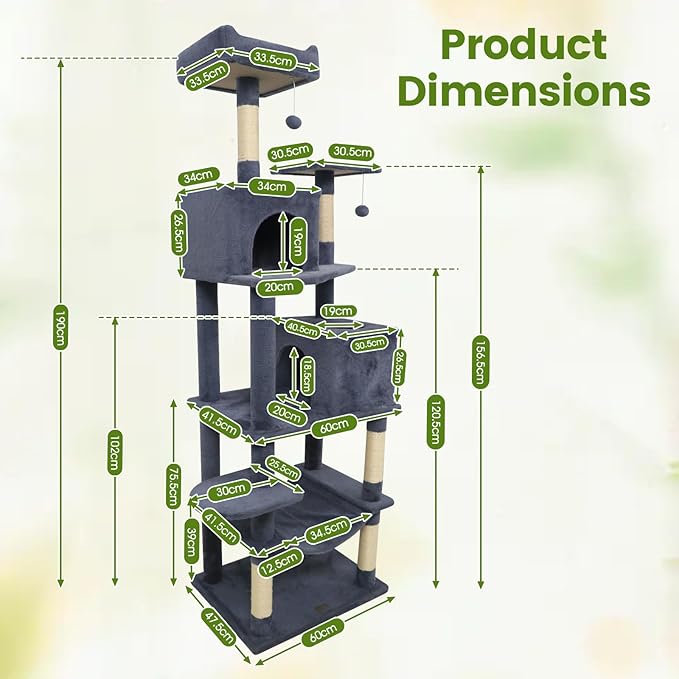 PETSITE Multi-Level Cat Tree, 75 Inches Tall with Sisal Scratching Posts, 2 Condos, Hammock, Dangling Balls, and Cozy Top Perch, Ideal for Indoor Cats to Play and Rest (Dark Grey)