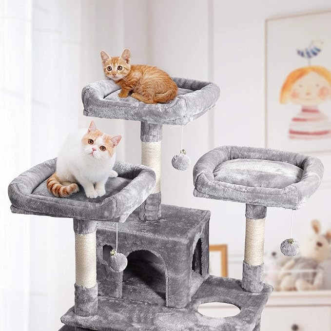 MQ Multi-Level Cat Tree, Activity Centre Cat Tower Furniture with Sisal-Covered Scratching Posts, 3 Padded Plush Perches, Dual Condo & Basket, Removable Hammock, for Large Cats, Grey