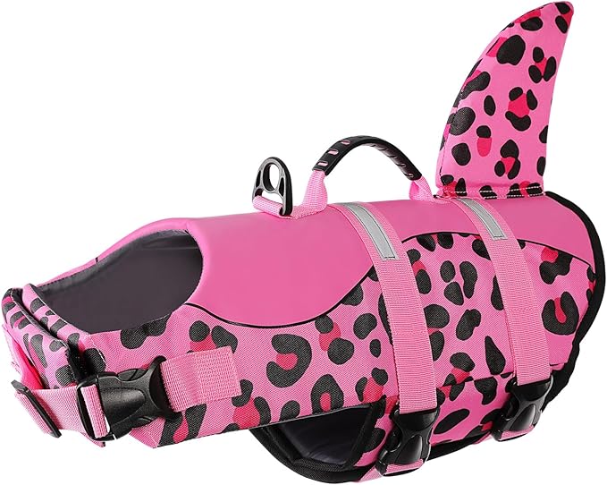 ASENKU Dog Life Jacket - Pet Safety Vest for Swimming & Boating, Shark Life Jacket with Floatation, Dog Lifesavers Swimsuits for Small Medium Large Dogs (Pink Leopard, 2XL)