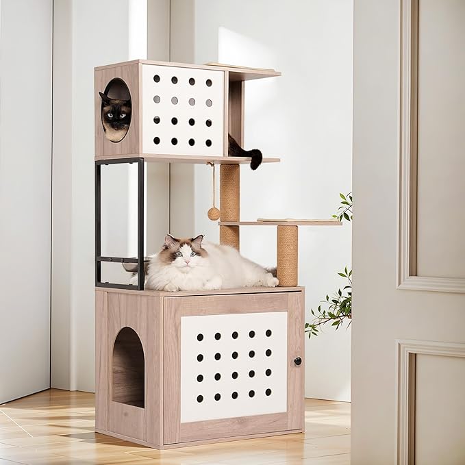 Cat Tree with Litter Box Enclosure, 2-in-1 Modern Cat Tree Tower, All-in-one Cat Condo for Indoor Cats with Large Hammock, Bed, Food Station, Scratching Posts, Cat Furniture for Indoor Cats (21.7”)