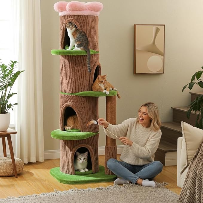 Forest Cat Tree with Flower Condos, Cute Tall Cat Tower with Scratching Posts & Padded Perch, Multi-Level Kitty Activity Center for Indoor Cats, Indoor Jungle Gym Furniture