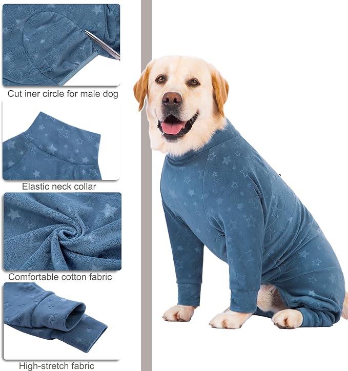 Dog Coats Autumn Winter Jumpsuit for Large Medium Dogs, Warmer Recovery Suit Polar Fleece Dog Bodysuit Lightweight Pajamas Pullover Stretchy Onesie Four-Legged Cold Weather Clothes(2XL, Blue)