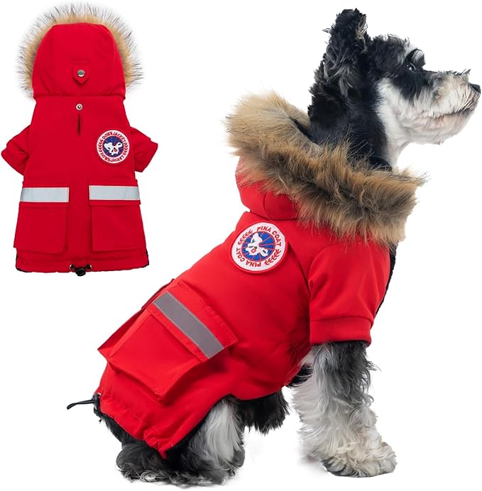 PINA Small Dog Coats - Waterproof & Windproof Dog Jacket with Pocket, Warm Flannel Lining & Faux Fur Hood for Cold Weather
