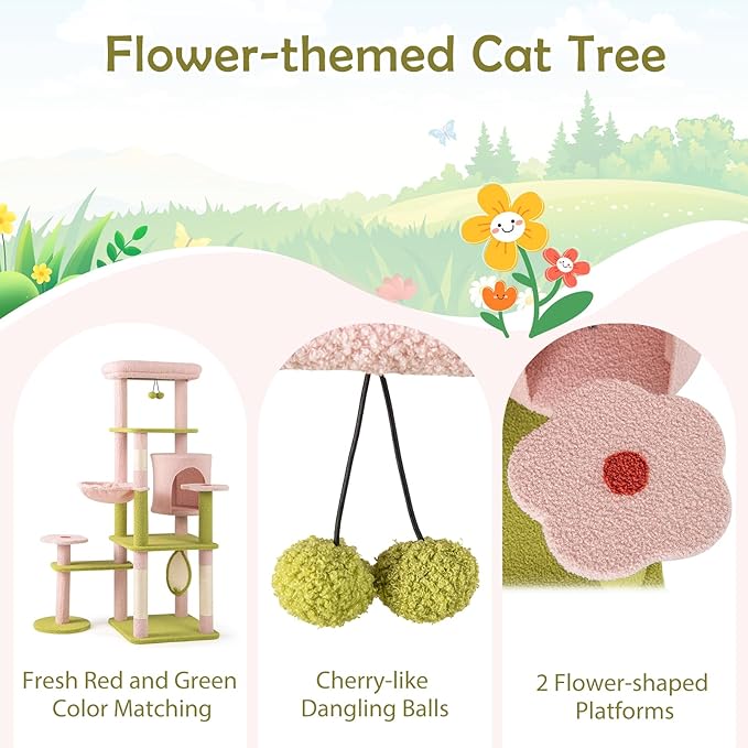 PETSITE 58-inch Flower Cat Tree, Multi-Level Cat Tower with Sisal Scratching Posts and Board, Cat Condo, Side Basket, and Dangling Balls, Cute Pink Cat Tree Tower for Indoor Cats
