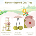 PETSITE 58-inch Flower Cat Tree, Multi-Level Cat Tower with Sisal Scratching Posts and Board, Cat Condo, Side Basket, and Dangling Balls, Cute Pink Cat Tree Tower for Indoor Cats