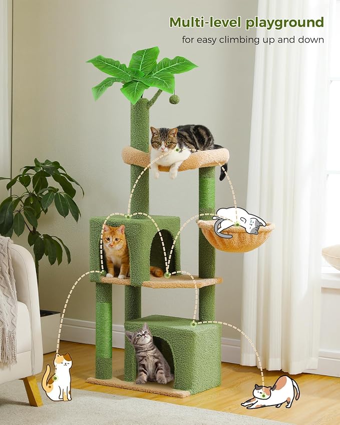 53-Inch Green Cat Tree with 2 Condos for Indoor Cats,Cat Tower with Scratching Posts for Small Cats,Cactus Cat Tree Tower with Hammock and Cat Toys