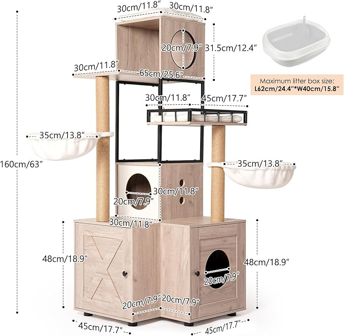 Modern 63 Inch Cat Tree with Litter Box Enclosure, an All-in-One Cat Tower Featuring Dual Condos, Washable Cushions, and Sisal Scratching Posts for Indoor Cats, Rustic Gray