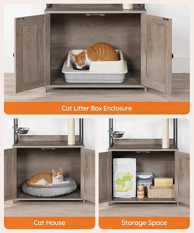 HOOBRO Cat Tree with Litter Box Enclosure, 58.7" H Cat Tower with Hidden Litter Box Furniture, with Scratching Post, Step, Hammock, Multifunctional Pet Furniture with Food Bowls, Greige BG30MZ03G1