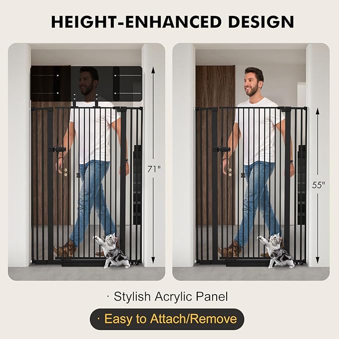 Snagle Paw Extra Tall Cat Gate with Acrylic Top Panel，30-40.6" Wide Adjustable Pet Gates, Pressure Mounted, No-Drill Easy Install,Tall Cat Gate for Doorways,Stairs,Kitchen 71",Black