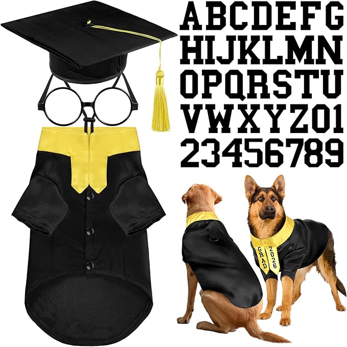 5 Pcs Dog Graduation Costume Set Include 2026 Pet Graduation Gown with Stole Puppy Grad Cap Lensless Glasses DIY Letter Stickers for Dogs Cats Holiday Costume Accessory(Black Yellow,XXL)