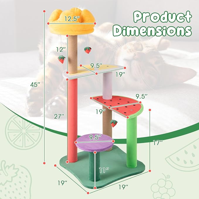 Tangkula Fruit Cat Tree, Multi-Level Cute Cat Tower with Scratching Posts, Padded Top Perch, Strawberry Dangling Balls, Watermelon & Lemon Shaped Platform, Chic Cat Tree for Indoor Cats