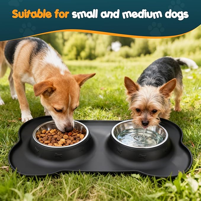 Bonve Pet Double Dog Food Bowls Stainless Steel & Water Dish with No-Spill and Non-Slip Silicone Mat, Removable Puppy Feeder Bowls for Small Medium Size Cat Dogs Kitten,14oz