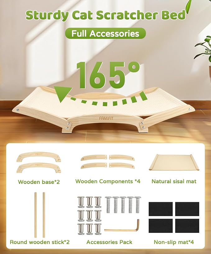 Large Sisal Cat Scratcher Bed with Solid Wood Base, Durable Scratch & Rest 2-in-1, Extra-Wide 28” Anti-Slip Cat Scratch Pad for Indoor Cats