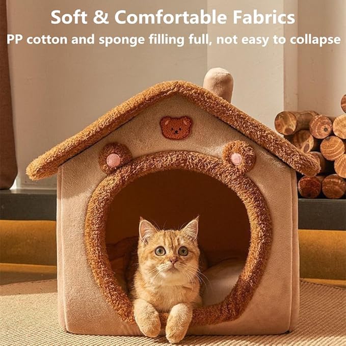 Cat Bed for Indoor Cats,Cozy Cat Cave Bed Cat House Cat Tent with Removable Cushion Pillow,Soft Warm Pet House Puppy Bed,Cute Bear Pet Nest for Cat Kitten Small Dogs (Brown, L-20.5x16.9x19.7 Inches)