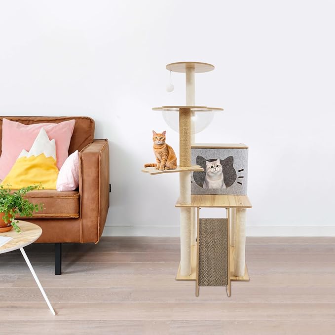 Cat Tree, W15.7*D19.7*H47.2in Cat Climbing Tower for Indoor Cats, Multi-Layer Cat Condo with Cat House, Transparent Capsule, Platforms, Scratching Posts, Holds 7.5kg/16.5lbs