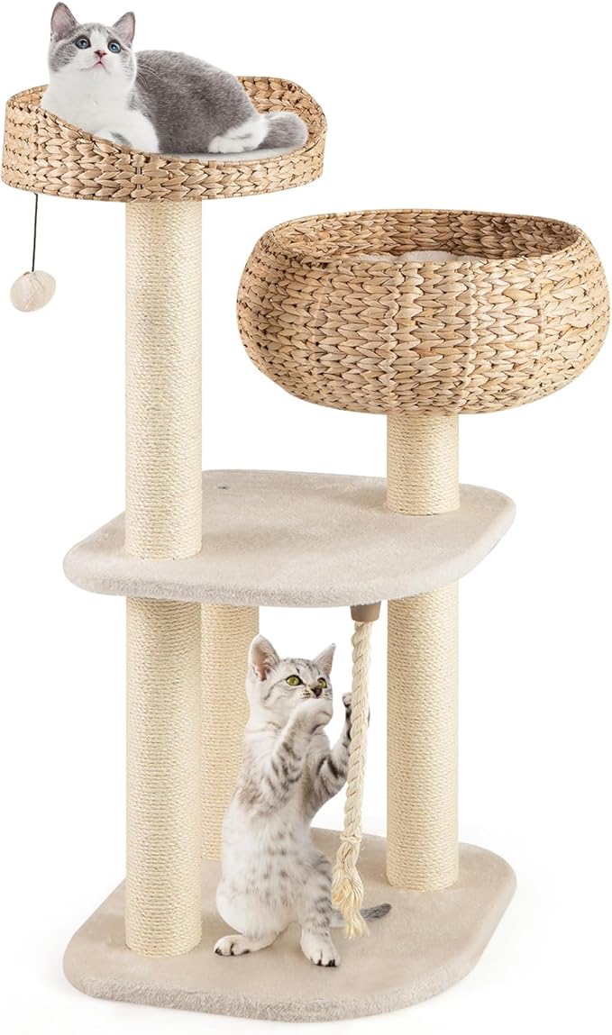 41 Inches Wicker Cat Tree, Modern Cat Tower with Handwoven Cat Condo & Perch, Scratching Post, Dangling Balls and Sisal Rope, Indoor Cat Tree Tower for Large Adult Cats 20 Lbs (White)
