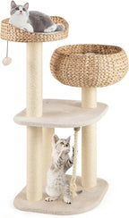 41 Inches Wicker Cat Tree, Modern Cat Tower with Handwoven Cat Condo & Perch, Scratching Post, Dangling Balls and Sisal Rope, Indoor Cat Tree Tower for Large Adult Cats 20 Lbs (White)