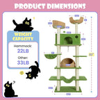 SHA CERLIN 82" Handmade Rattan Cat Tree Tower, Multi-Level Activity Center with Sisal Scratching Posts, Plush Condo, Wicker Perches & Hammock, Large Indoor Cat Playground, Green