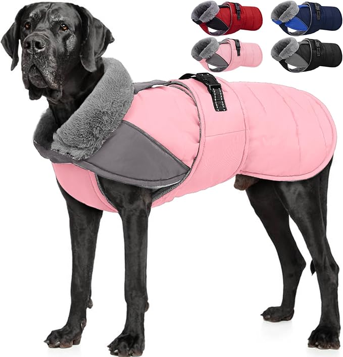 Nanaki Large Dog Coat Rainproof-Warm Giant Breed Dog Jacket With Leash Hole, Fleece Lining Reflective Great Dane Winter Coat Doberman Jacket For Cold Weather Outdoor Walking Hunting, Camping, Pink 3XL