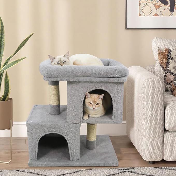 Tangkula Small Cat Tree for Indoor Cats, 25.5 Inch Cat Tower with Sisal Scratching Posts, 2 Large Cat Condos with Padded Top Perch, Modern Cat Climbing Furniture for Adult Cats & Kittens (Light Gray)