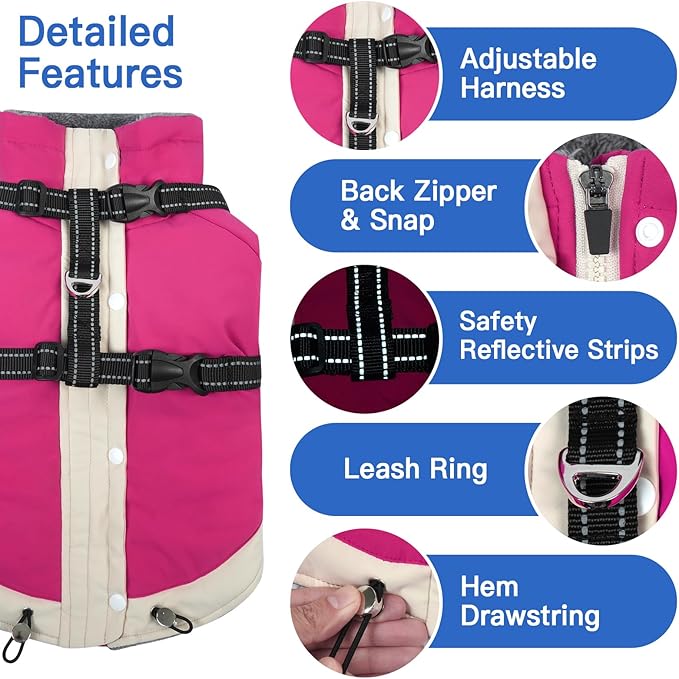 Turtleneck with Sleeves Dog Coats for Medium Dogs-L| Jackets with Reflective Harness Built in,Water-Repellent & Windproof Snowsuit,Soft Warm Lining for Beagle Cold Protection(Rosered)
