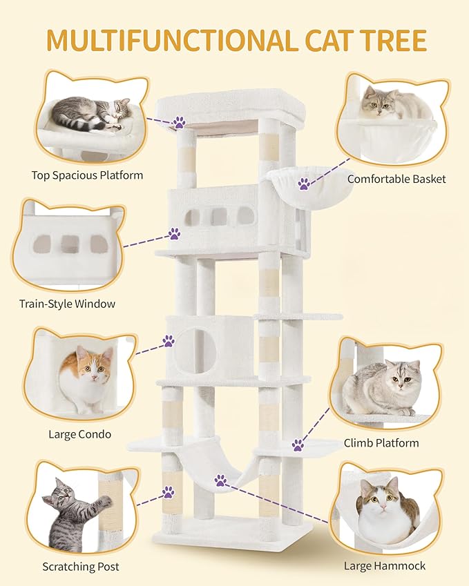 Cat Tree, 66.9" Large Cat Tower for Indoor Cats, Multi-Level Cat House with Condo, 8 Scratching Posts, Hammock, 4 Pom Poms, White MS17018WT